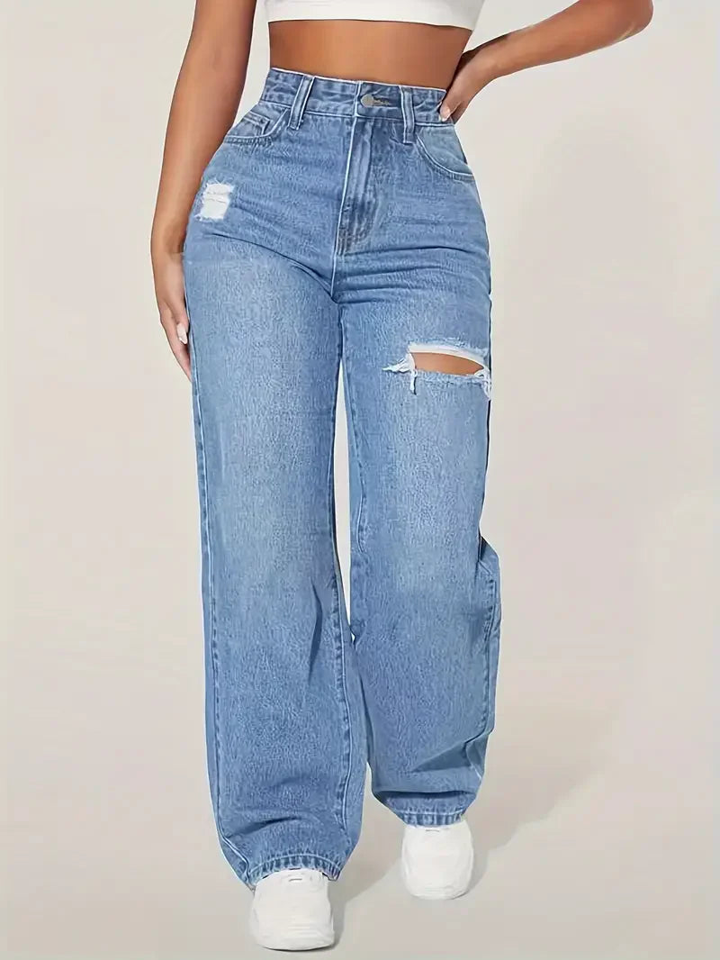 High Waist Wide-Leg Jeans – Lockerer Fit, Cut-Out Details, Gewaschener Denim